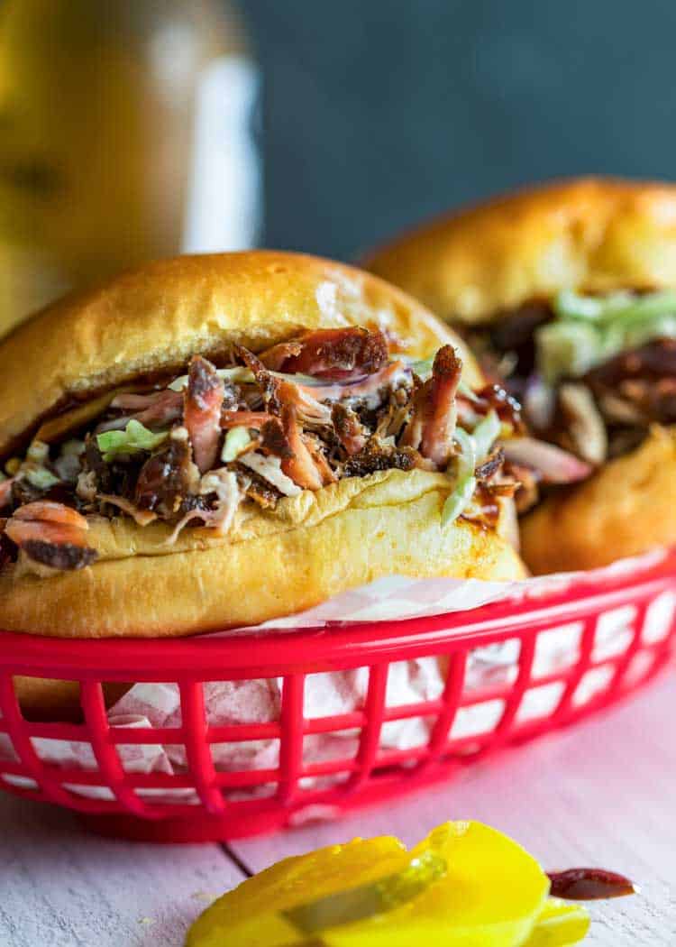 Classic Pulled Pork Sandwich in red basket