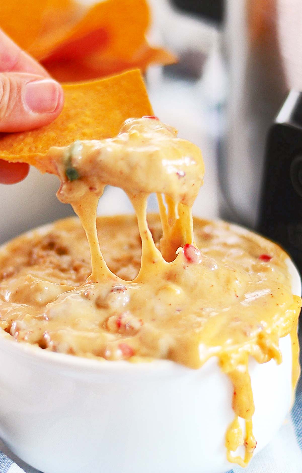 Crockpot Cheesy Dip with beer and brats