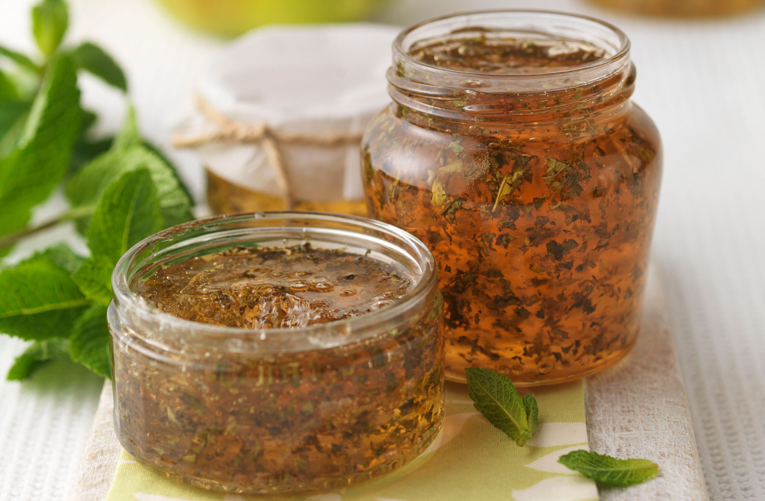 Confiture de pomme et menthe Servir cette gelée de pomme douce et parfumée à la menthe fraîche avec de l'agneau rôti. Faire vos propres gelées, cornichons et sauces piquantes est une délicieuse façon de conserver la saveur de l'été! Qu'attends-tu?