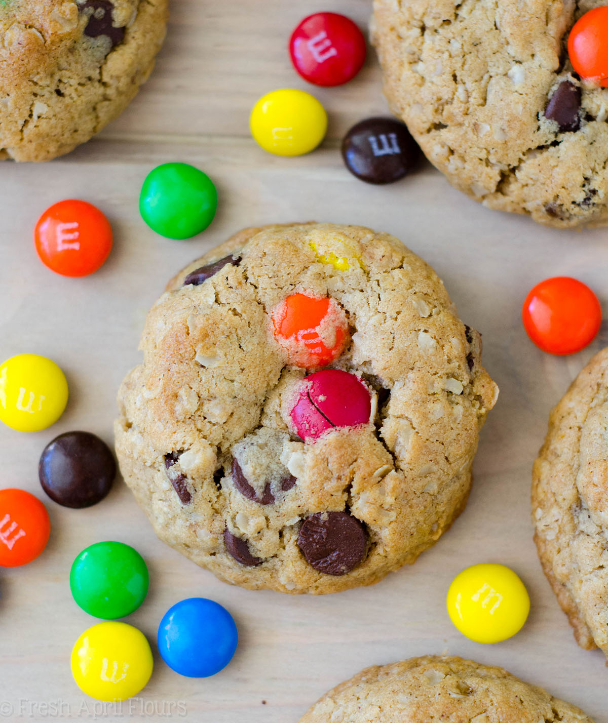 Monster Cookies: Quick and easy peanut butter oatmeal cookies filled with chocolate chips and m&m