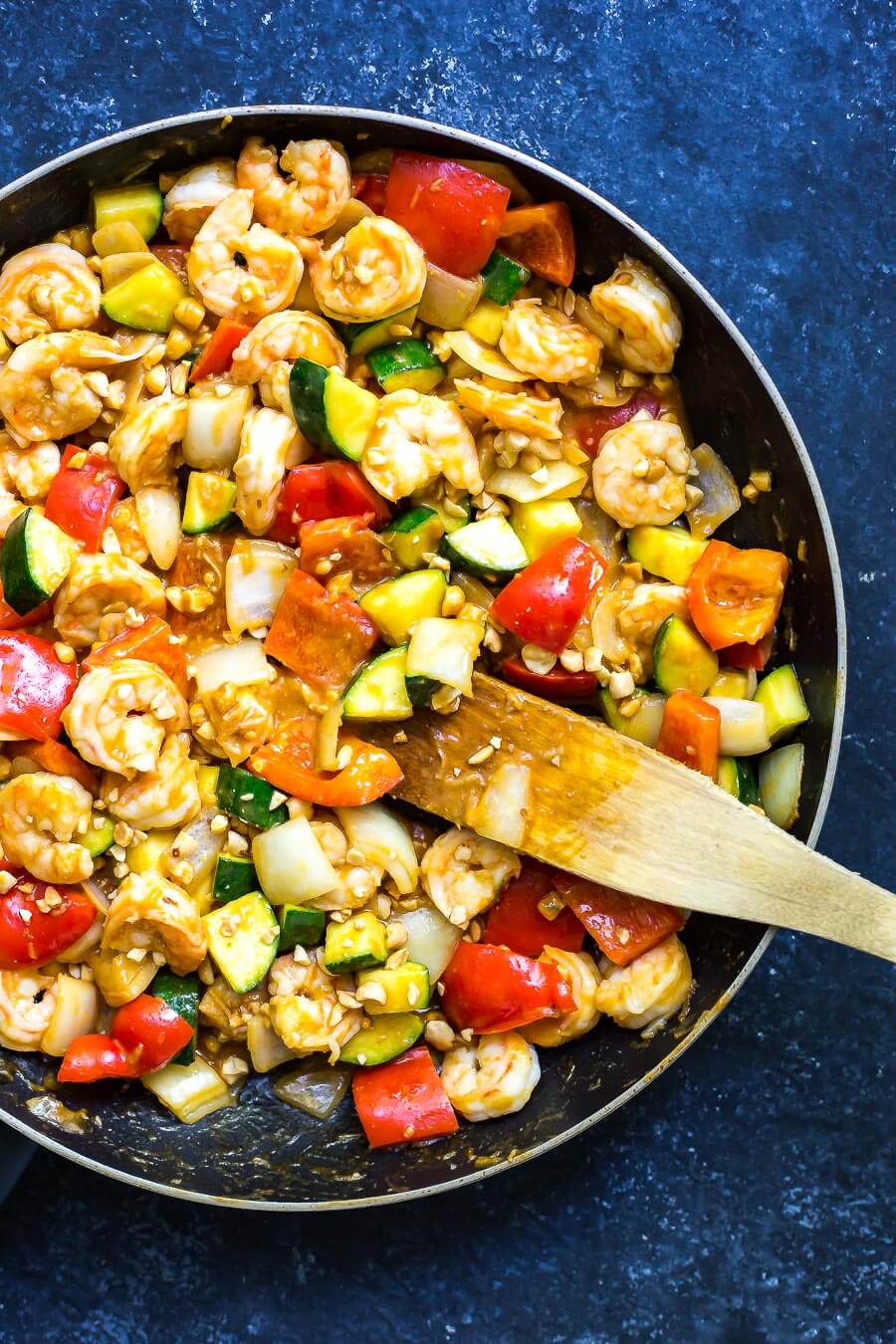 Kung Pao Stir-Fry Shrimp in a wok