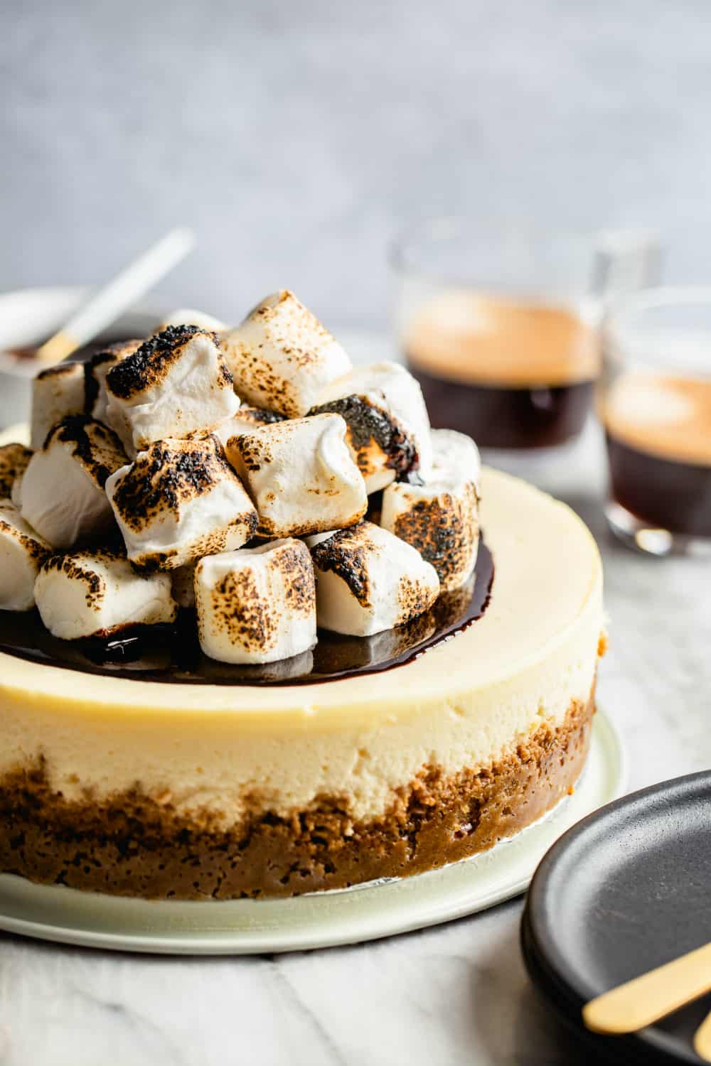 Say hello to this s’mores twist on a classic vanilla cheesecake! S’mores Cheesecake is creamy, decadent but with all the flavors of the classic campfire treat.