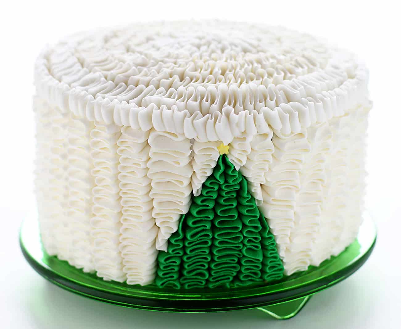 Pastel de volantes de árbol de Navidad {¡Sorpresa dentro del pastel!}