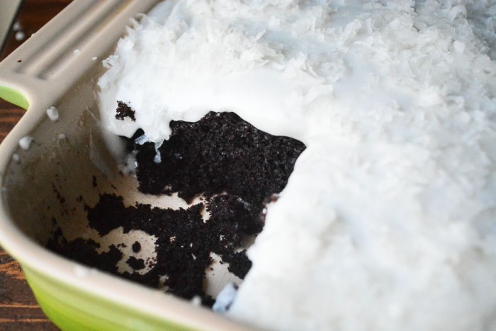 un pastel de chocolate vegano con glaseado de coco en la sart&eacute;n