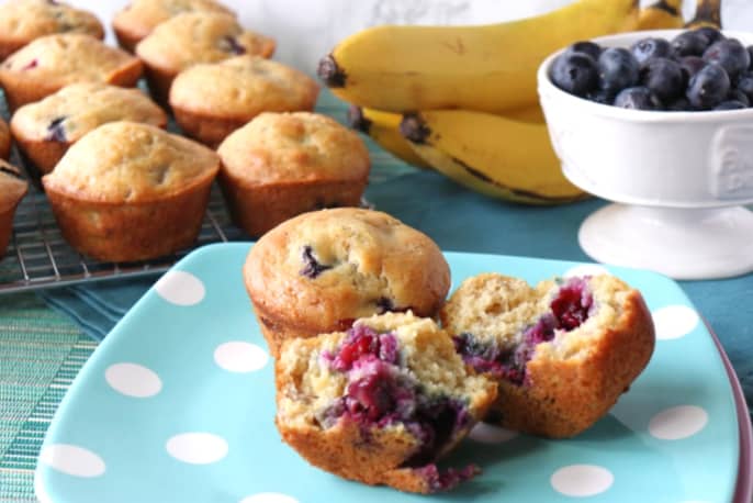 Two muffins on a blue polka dot plate.