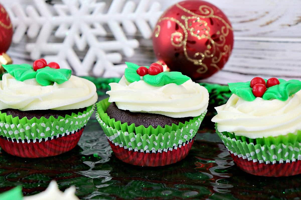 Festive Holly Berry Chocolate Peppermint Cupcakes with Peppermint Buttercream Frosting - kudoskitchenby.com