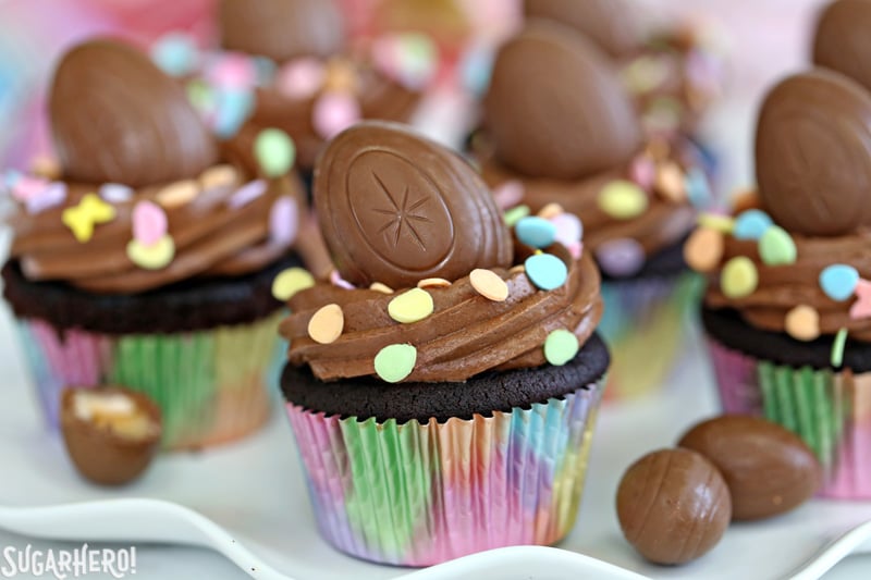 Grupo de cupcakes de chocolate con glaseado de chocolate en una bandeja blanca