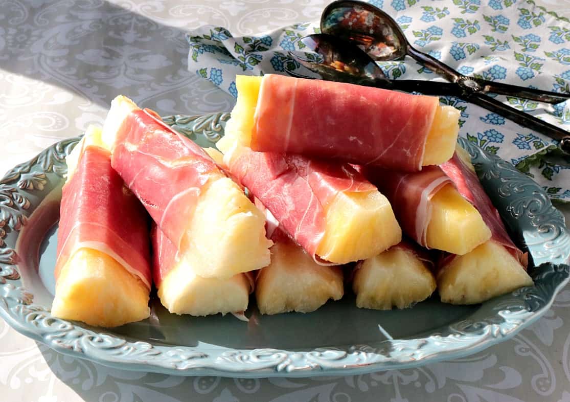 Sweet & Savory Prosciutto Wrapped Pineapple Spears - www.kudoskitchenby.com