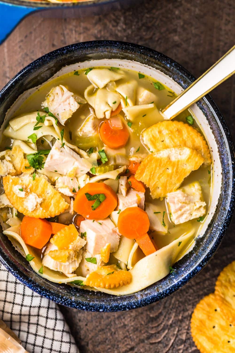 sopa de fideos de pavo servida en un bol con una cuchara