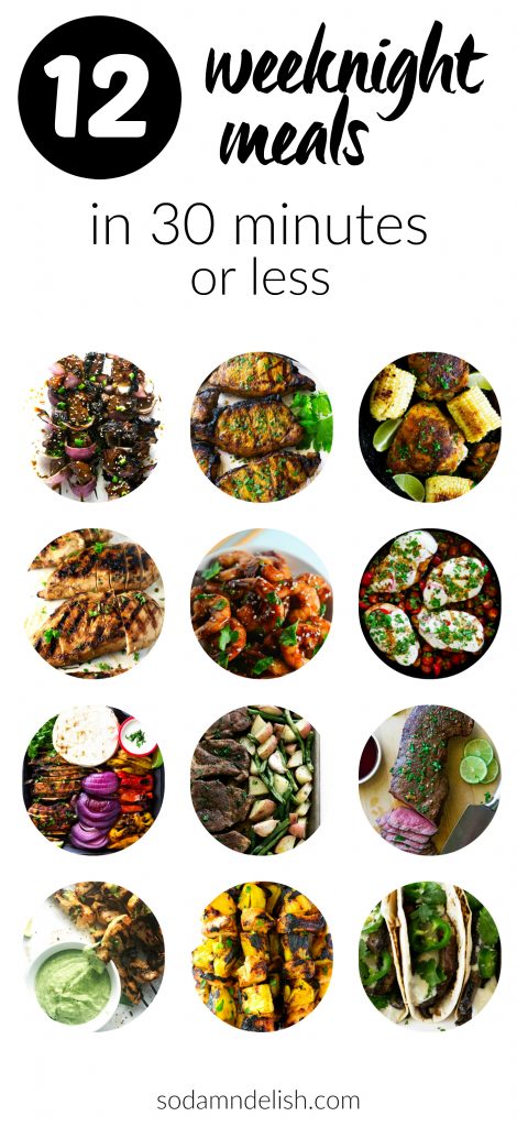 These 12 weeknight meals take 30 minutes or less to make. This compilation includes beef, chicken, seafood, and pork. Eat up!