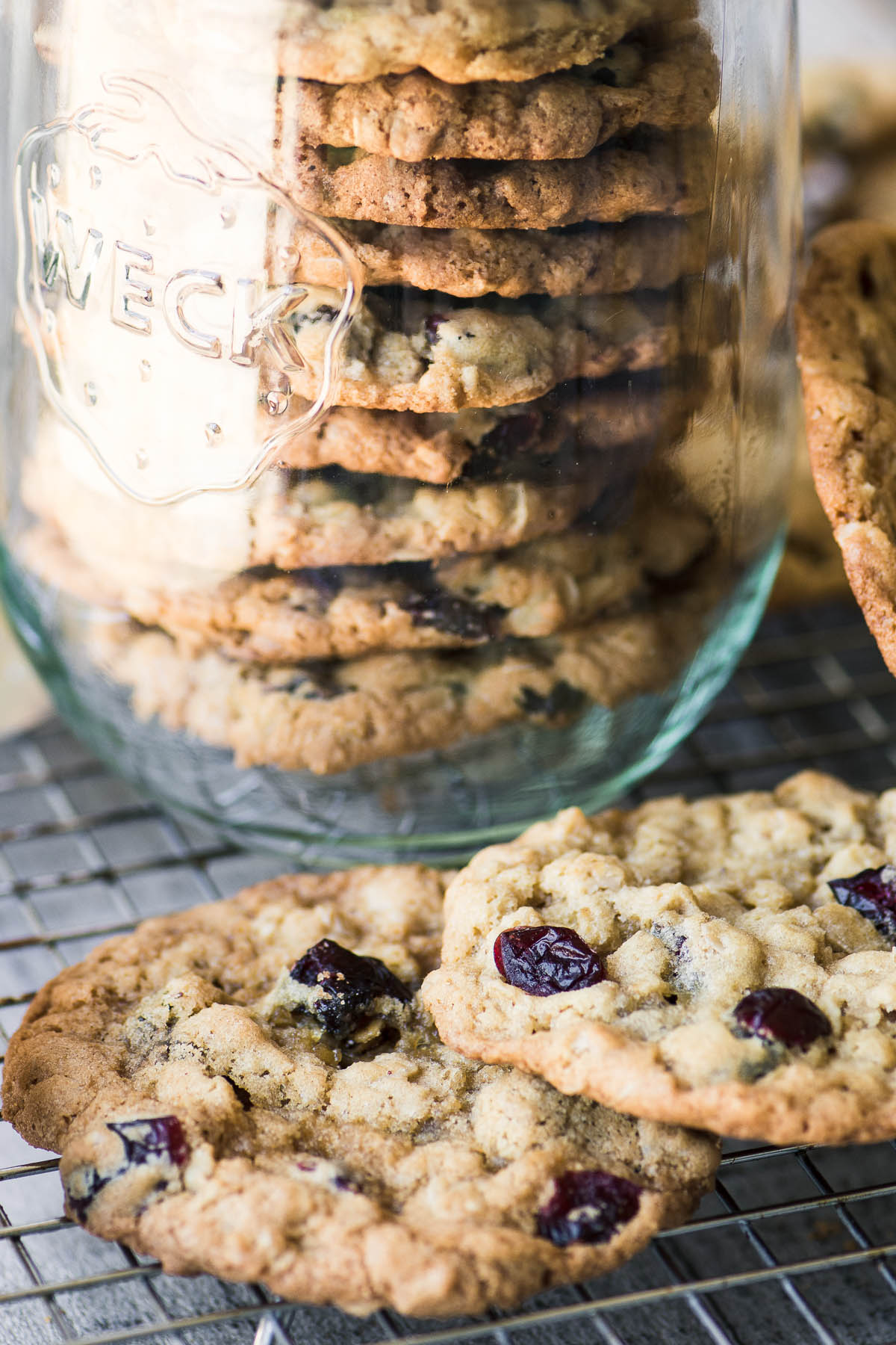 Galletas de avena y arándanos a la antigua usanza en una rejilla para enfriar