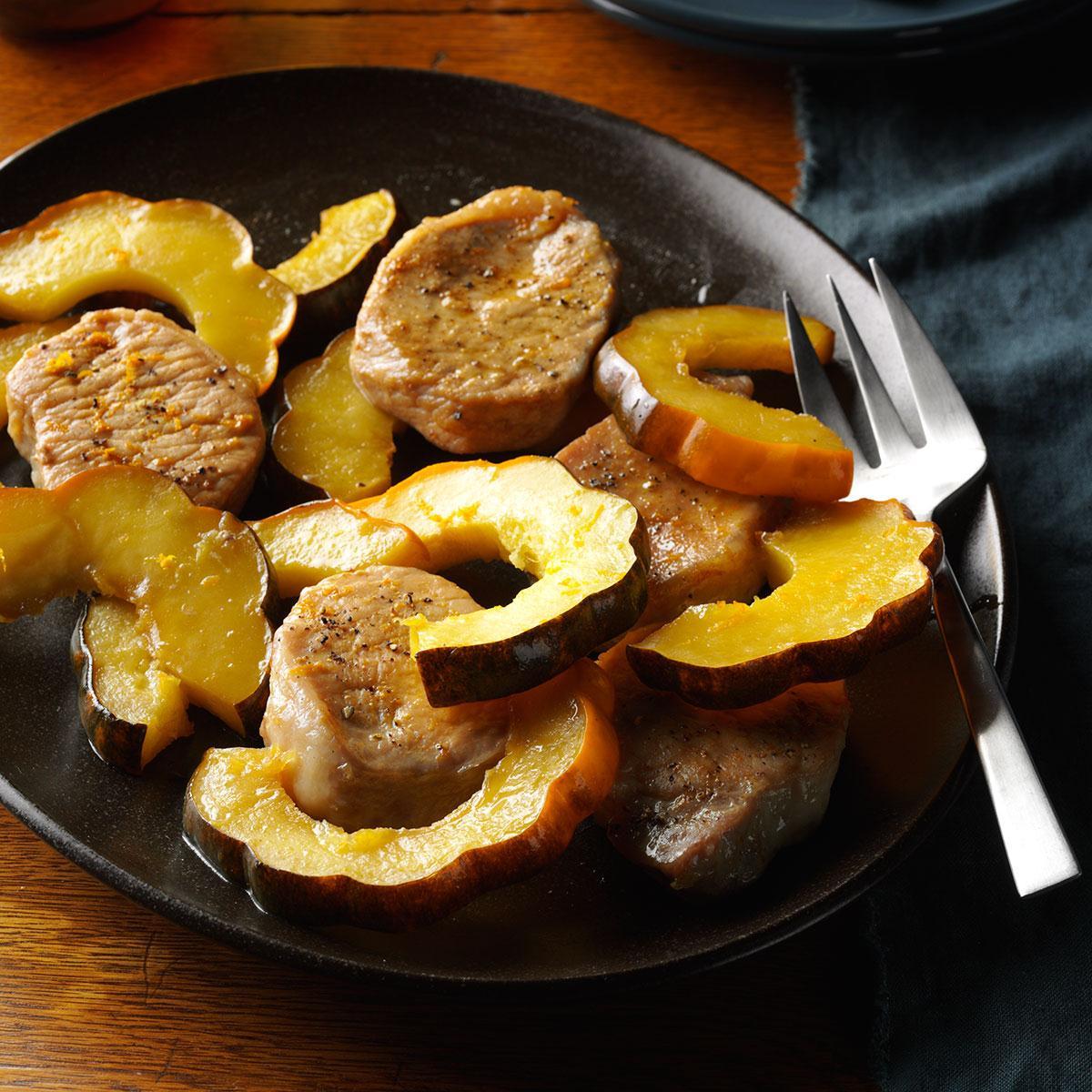 Olla a presión Chuletas de cerdo y receta de calabaza bellota