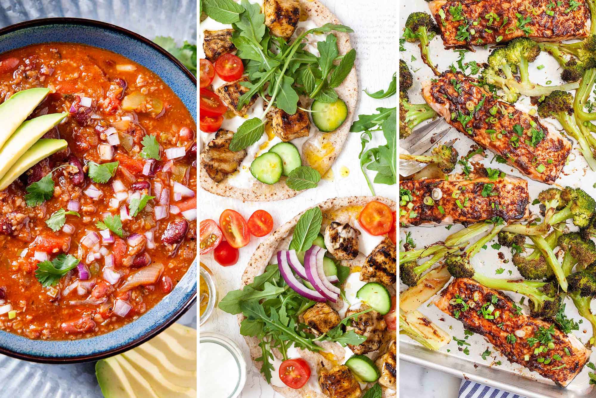 A picture of three recipes side by side. To the left is a blue bowl of healthy vegetarian chili, in the middle is greek chicken skewers on pita bread with sliced cucumber, halved grape tomatoes and red onion slices. To the right is immune boosting salmon fillets baked on a sheet pan with broccoli florets and topped with sliced scallions.
