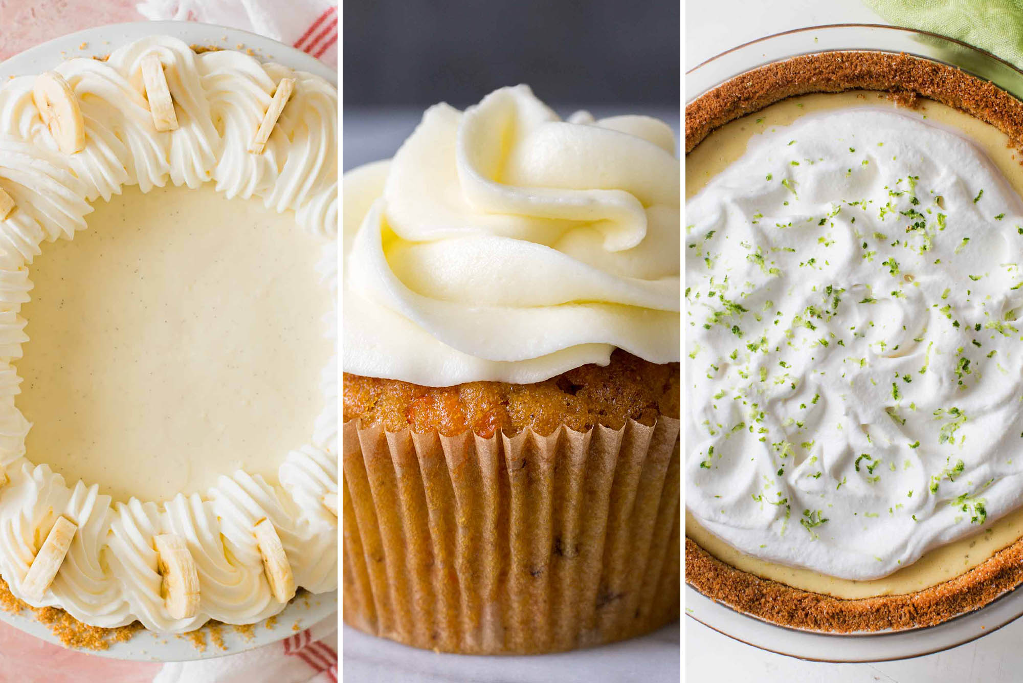 Three images of Easter desserts. From left to right: Banana cream pie with sliced bananas set vertically around the piped topping. The center photo is of a carrot cake cupcake with tall, swirled frosting piped on top. The last image is of a key lime pie with a graham cracker crust, whipped topping and lime zest on top.