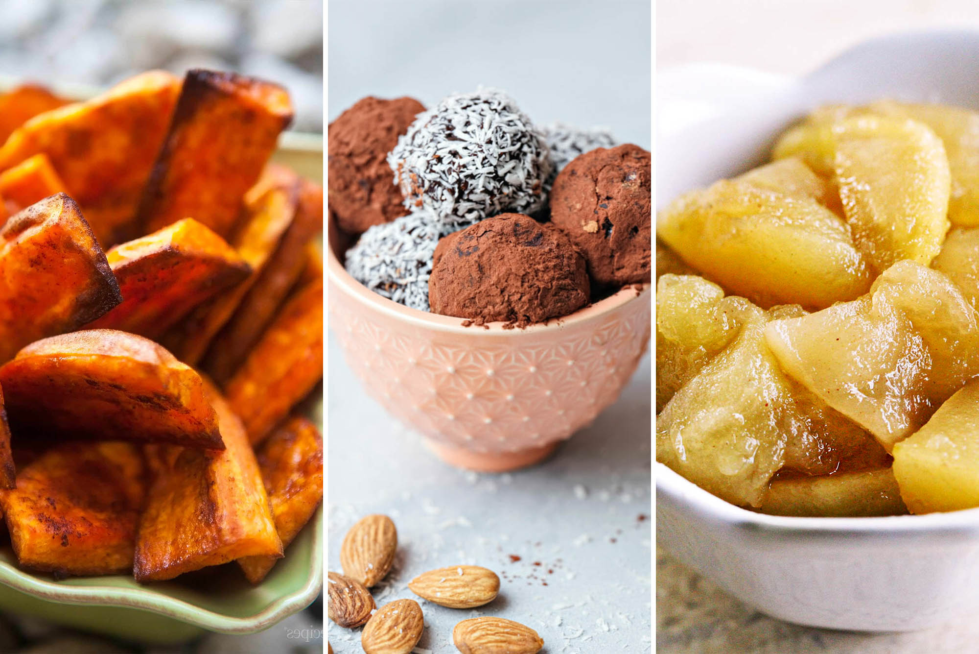 Three photos side by side. From left to right: Crispy baked sweet potato fries. The middle picture is cocoa and coconut covered Almond Butter Date Balls in a small bowl. The image to the right is a bowl of Easy Baked Apple Slices.