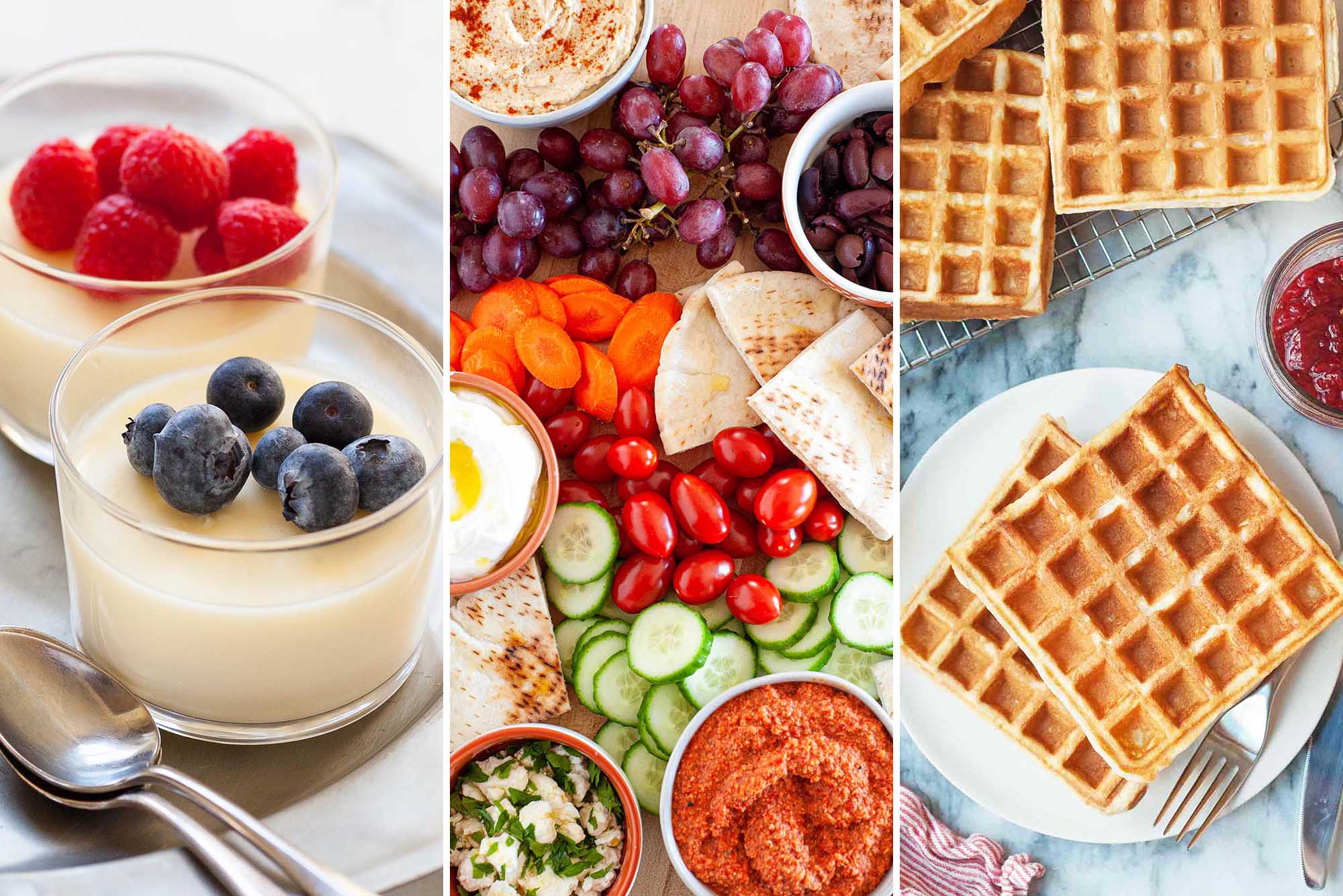 Three images side by side. From left to right: Lemon Pudding with berries on top, Mezze Platter with vegetables, dips and pitas. Last are waffles on a plate.
