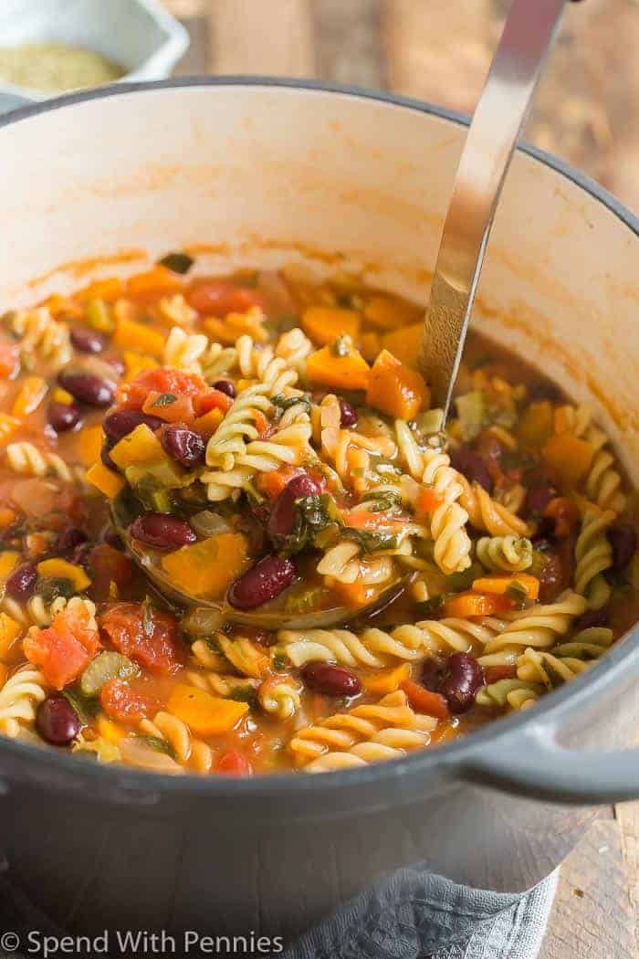 Scoop of minestrone soup