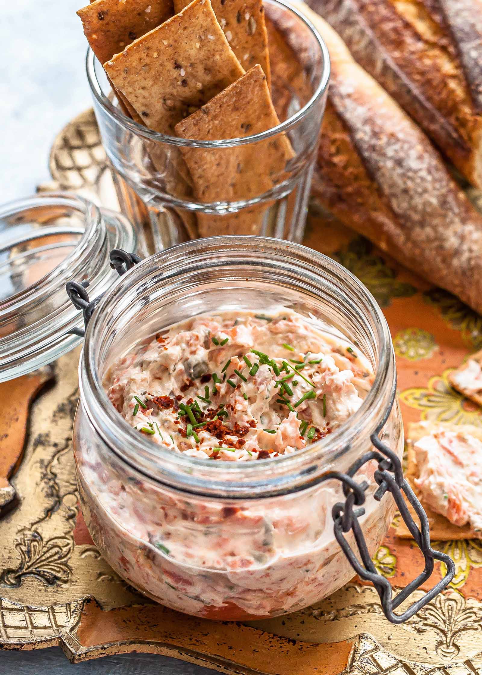 Smoked Salmon Spread - smoked salmon dip on tray with bread