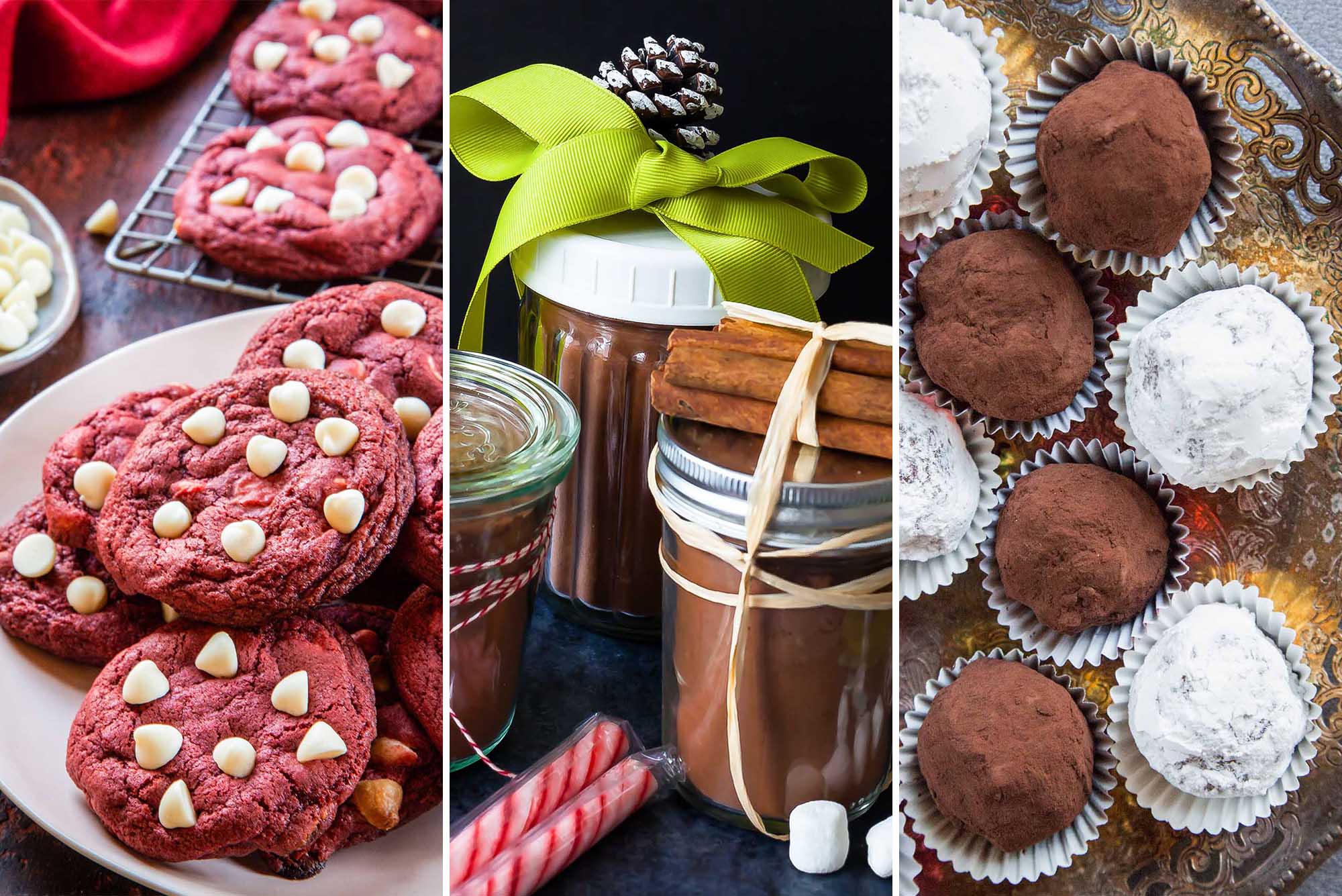 Hot cocoa mix, red velvet cookies, and muffins for the holidays