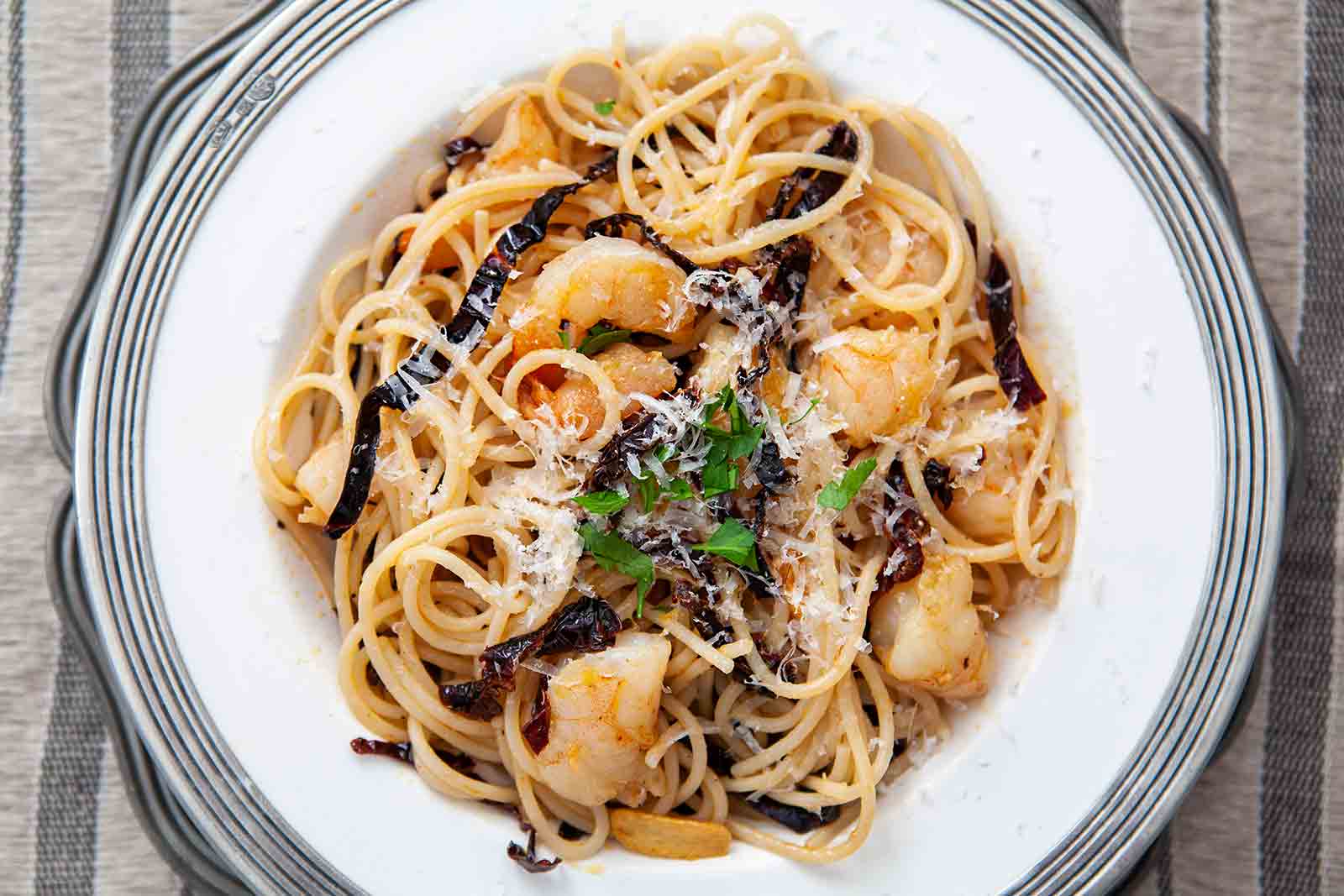 Ancho Chile Shrimp Pasta on a plate