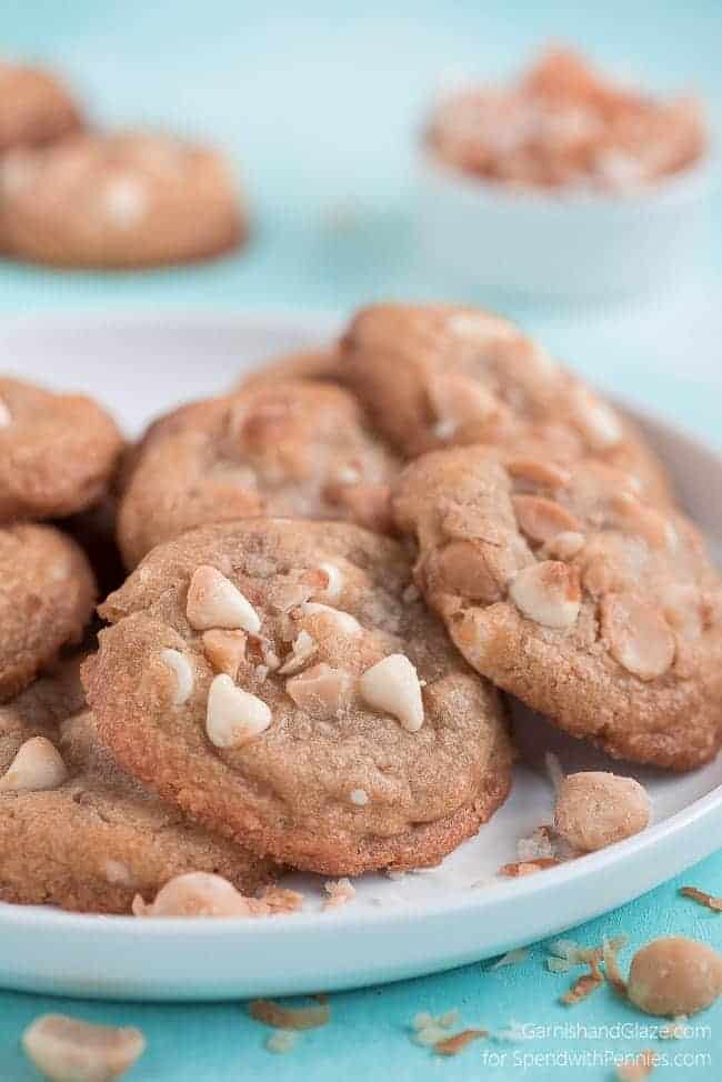 White chip island cookies on a white plate