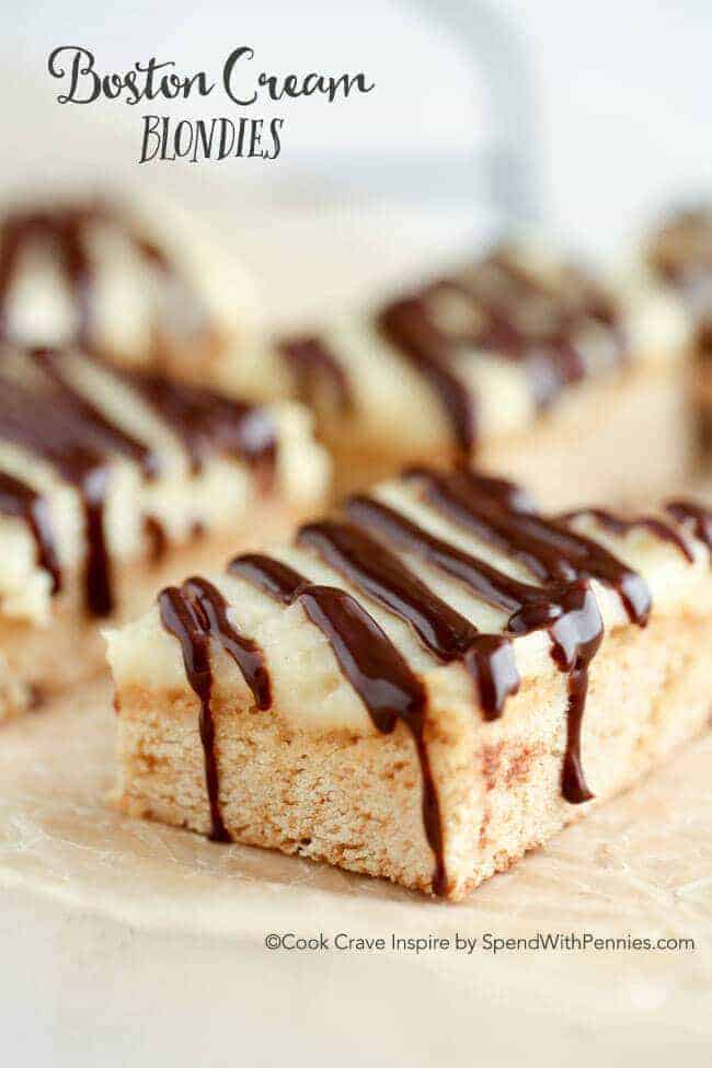 Boston Cream Blondies with chocolate on top
