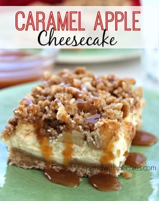a slice of Caramel Apple Cheesecake with caramel sauce