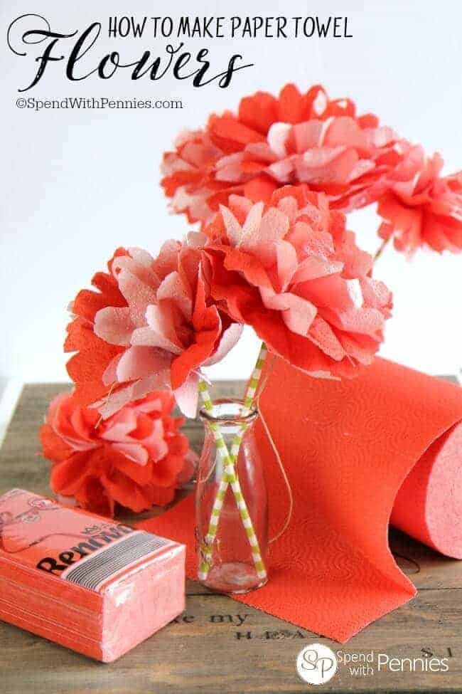 red paper towel flowers in a glass jar