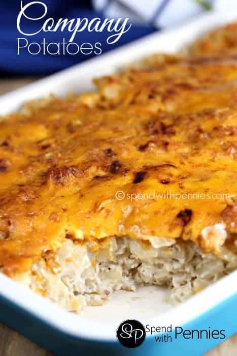 company potatoes, creamy cheesy potatoes, in a casserole dish