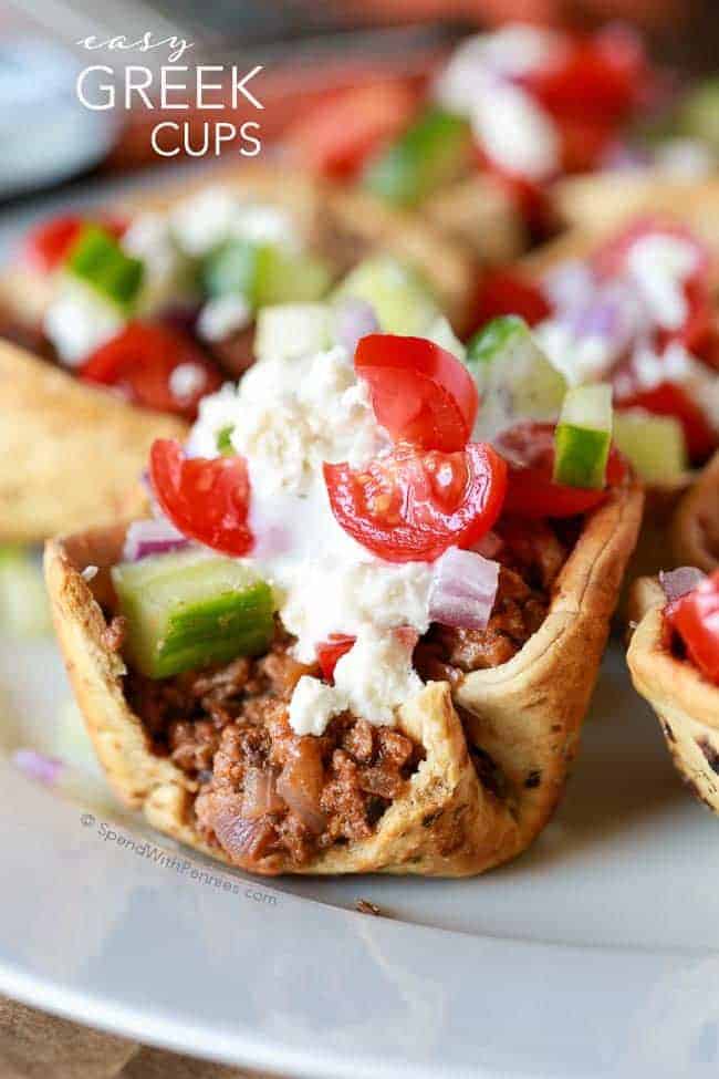 Greek Salad Cups topped with Greek salad