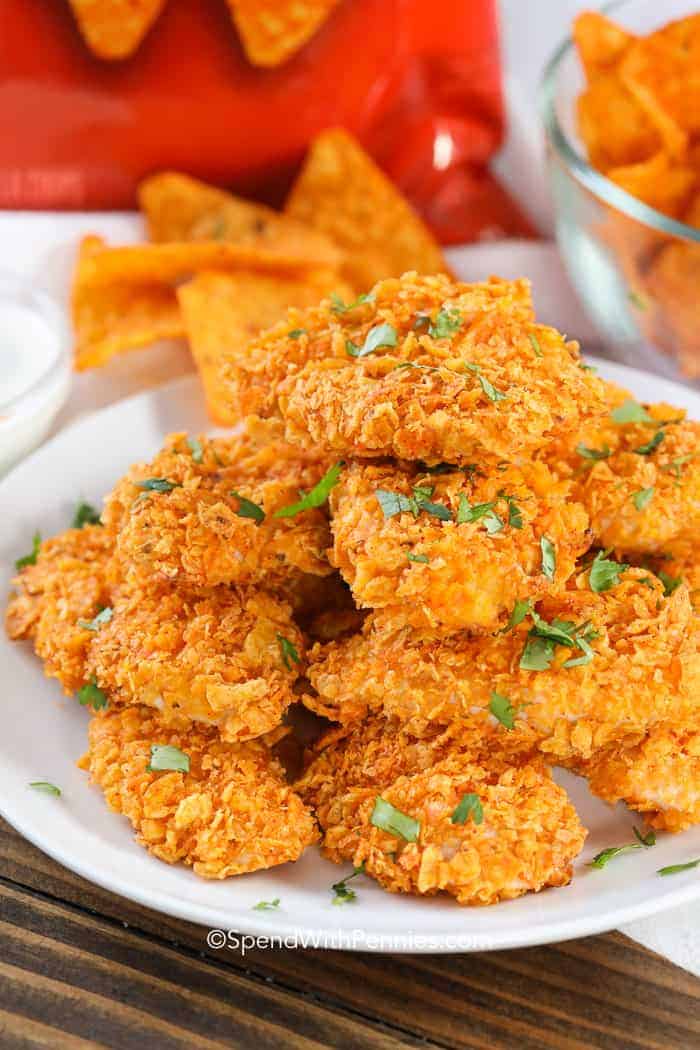 Dorito Chicken Tenders on a plate with parsley