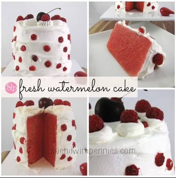 fresh watermelon cake collage with whole cake, piece of cake, inside and close-up of top of cake