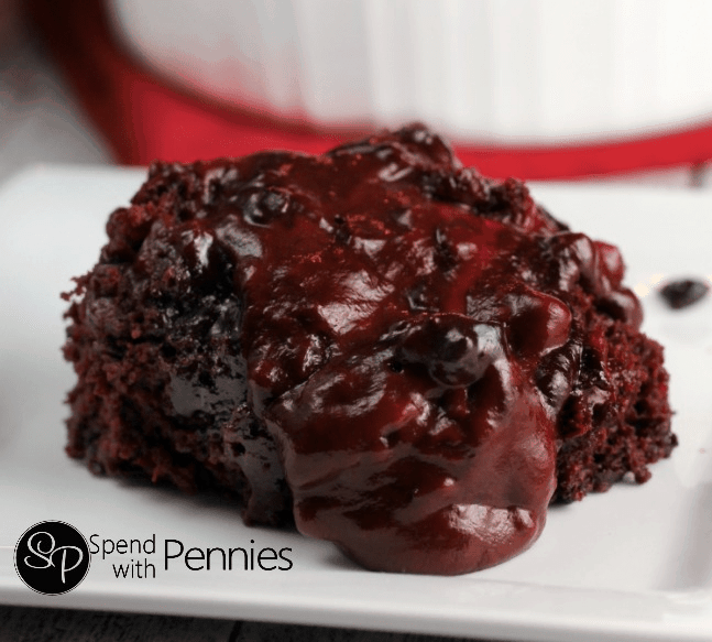 Red Velvet Pudding Cake with the dish in the background