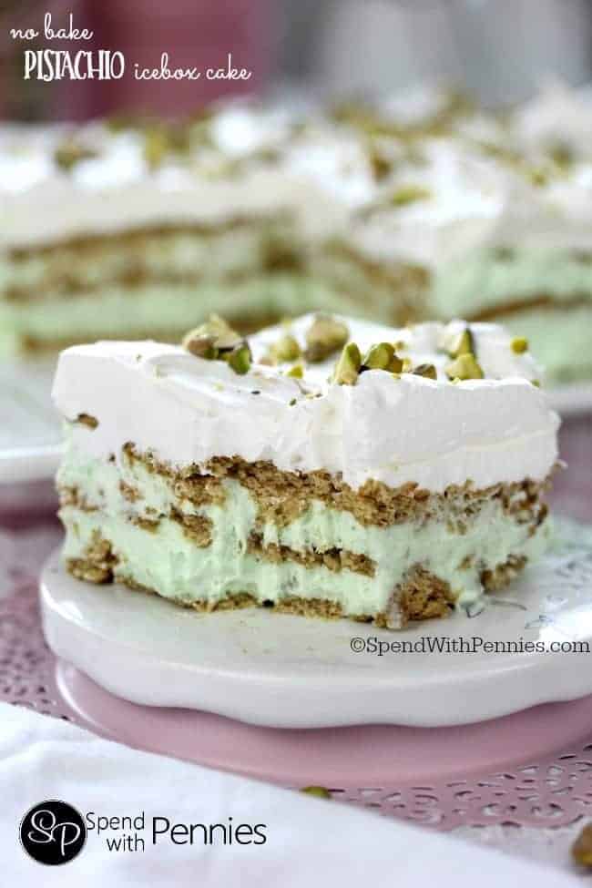 a slice of No Bake Pistachio Icebox Cake
