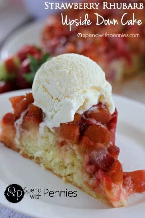Strawberry Rhubarb Upside Down Cake with a title