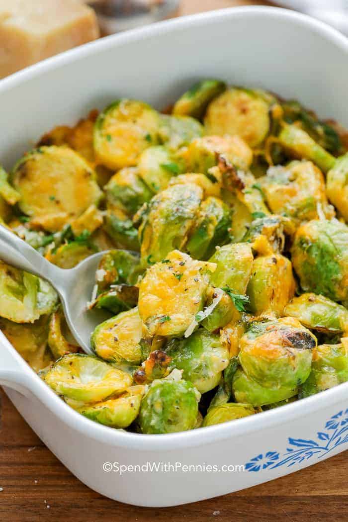 Brussel sprouts with bacon in serving dish
