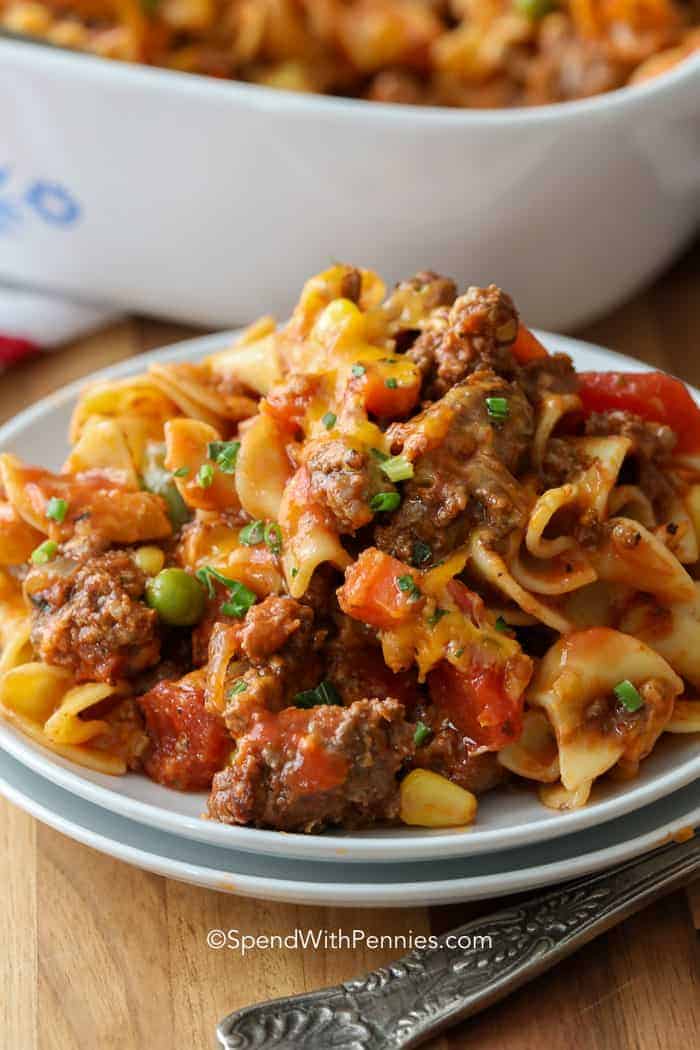 Hamburger Casserole served on a white plate