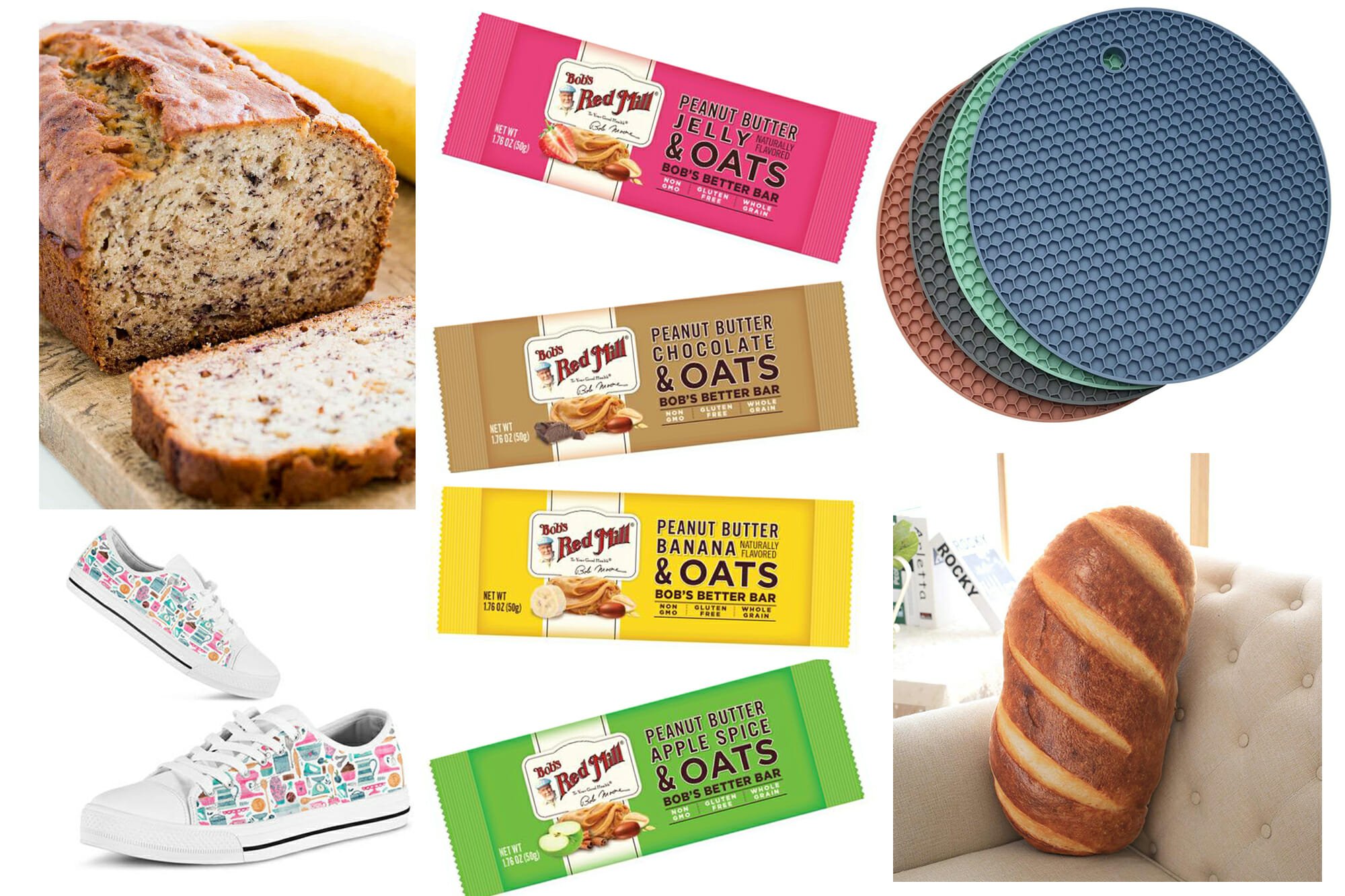 Friday Buzz - banana bread, baking shoes, snack bars, silicon pot holders, and a baguette pillow