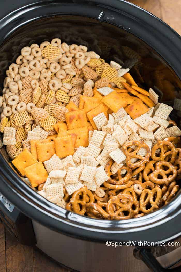 Slow Cooker Ranch Party Mix in slow cooker
