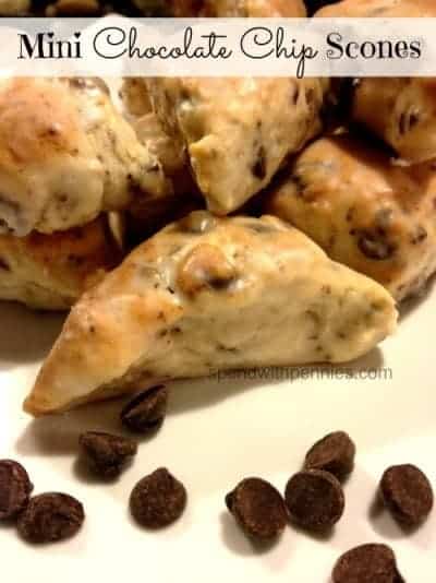 mini chocolate chip scones with chocolate chips in the foreground