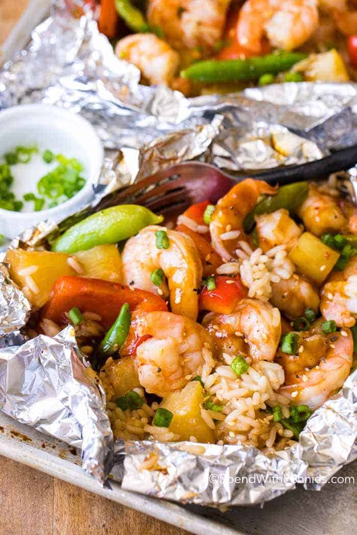 Teriyaki Shrimp Foil Packet with fork in it