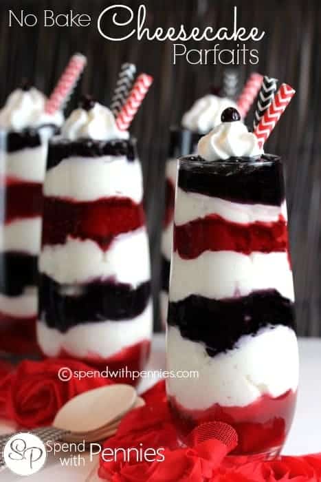 No Bake Cheesecake Parfaits with layers of fruit filling and cheesecake in stemless tall glasses