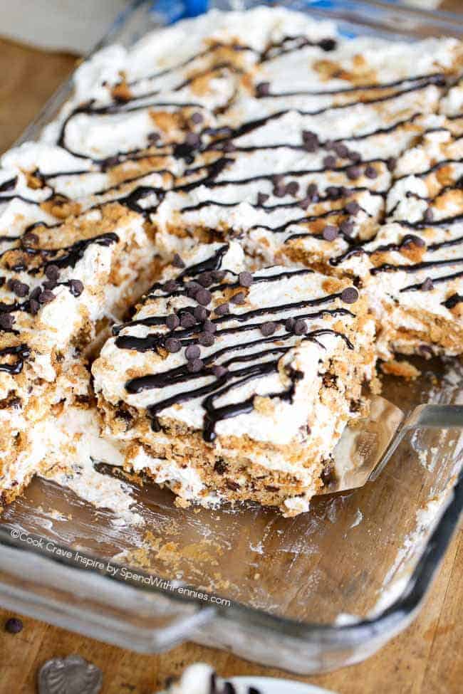 No Bake Chips Ahoy Icebox Cake being served from a pan