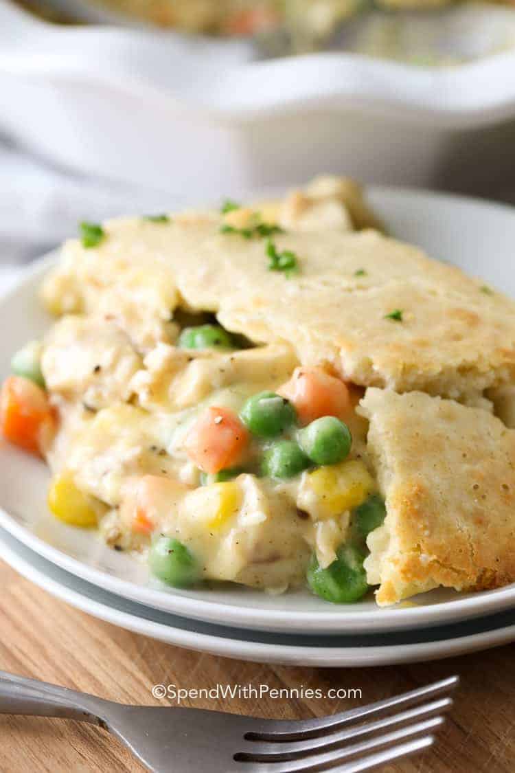 While plate with Chicken Pot Pie and a fork