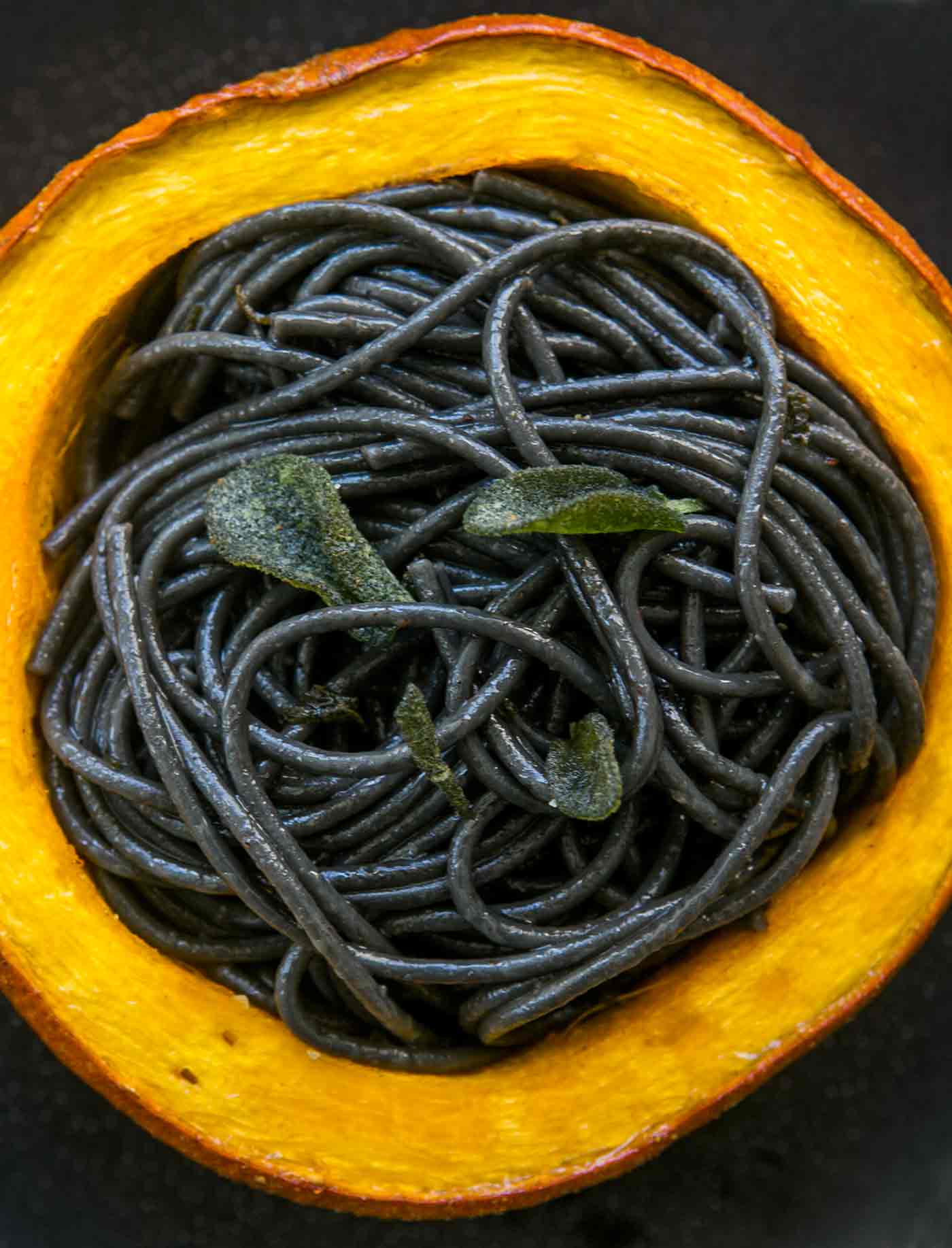 Squid Ink Pasta with Pumpkin in Browned Butter Sage Sauce