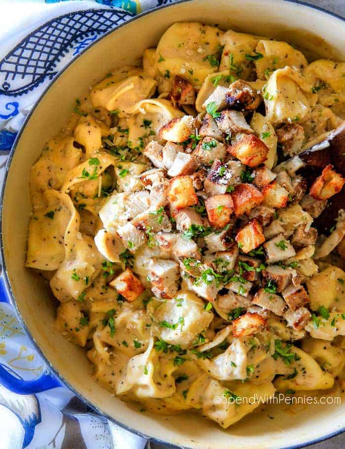Caesar Chicken Tortellini in dish with parsley