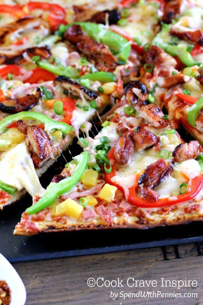 Grilled Hawaiian Chicken Pizza with bell peppers