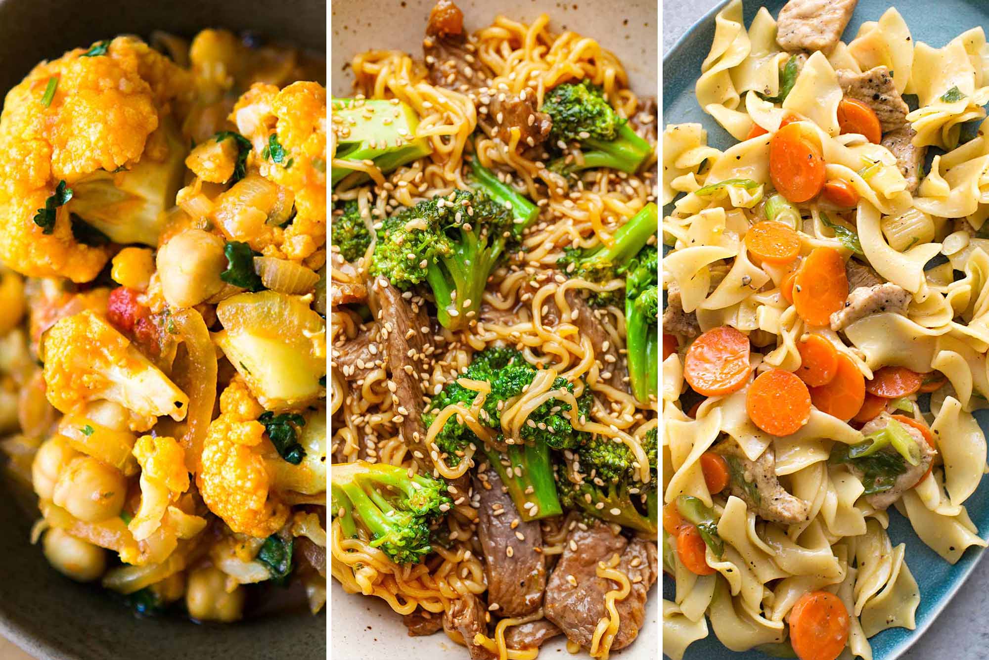 Three photos together One with citrus pork, egg noodles and carrots, one of broccoli beef stir fry, one of curried chickpeas