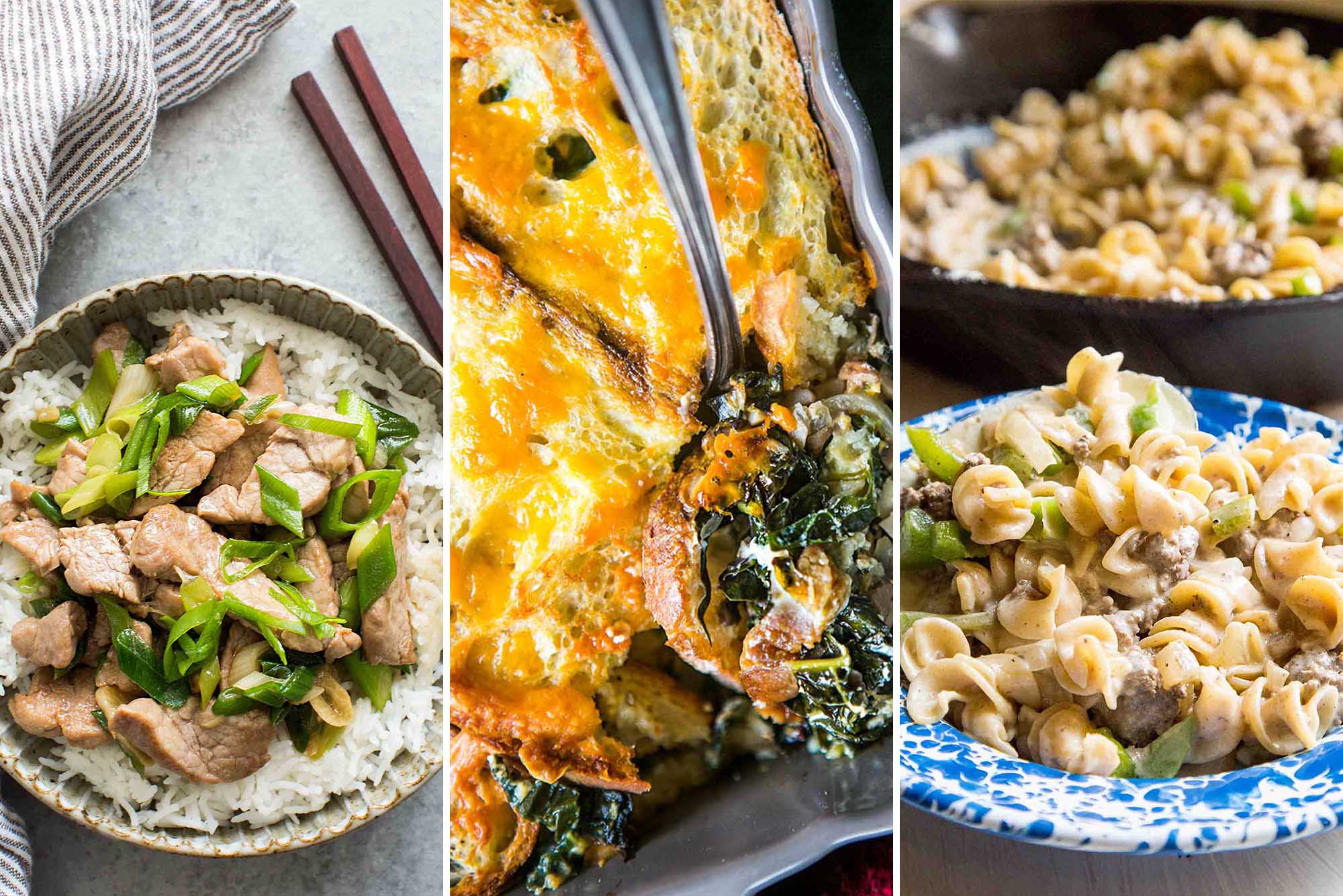 Triptych with pork stir-fry, cheddarbake, broccoli pasta