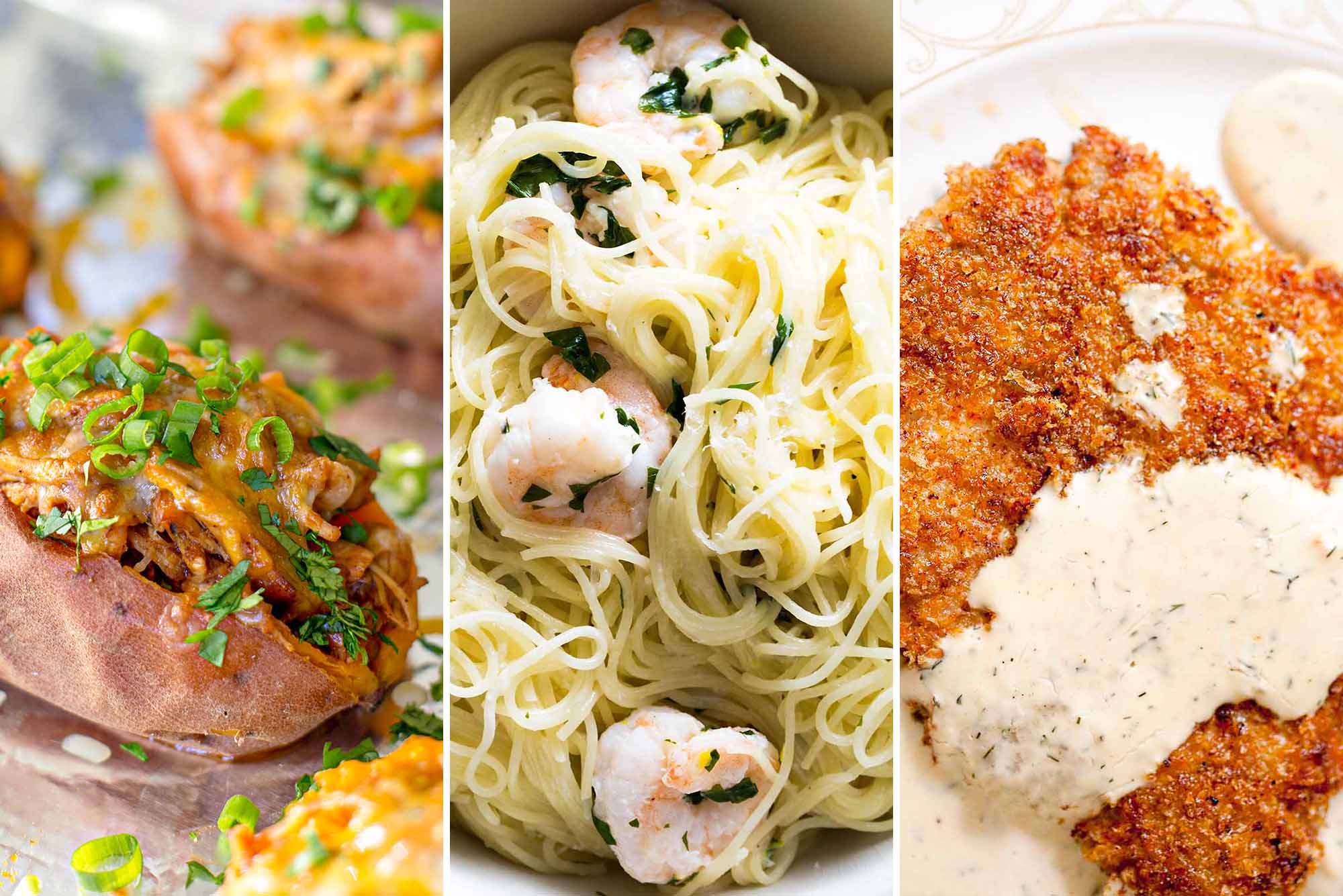 Three photos: stuffed sweet potatoes, angel hair pasta with shrimp, pork schnitzel
